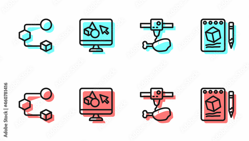 设置线3D打印机鸡腿、等角立方体、软件和图纸上的草图图标。矢量