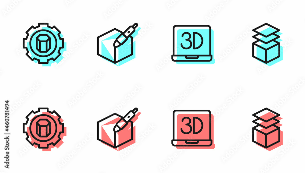 Set line 3D printer, setting, 3d pen tool and Layers icon. Vector