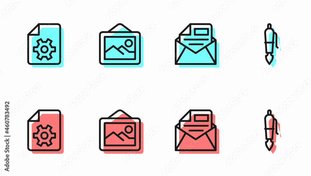 Set line Mail and e-mail, Document settings, Picture landscape and Fountain pen nib icon. Vector