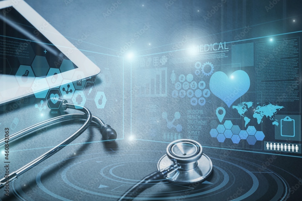 Healthcare business graph data and growth, with network connection on laptop screen.