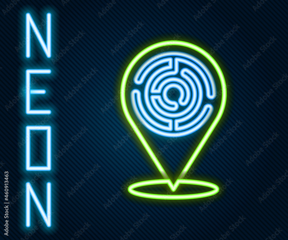 Glowing neon line Minotaur maze or labyrinth icon isolated on black background. Ancient Greek mythol