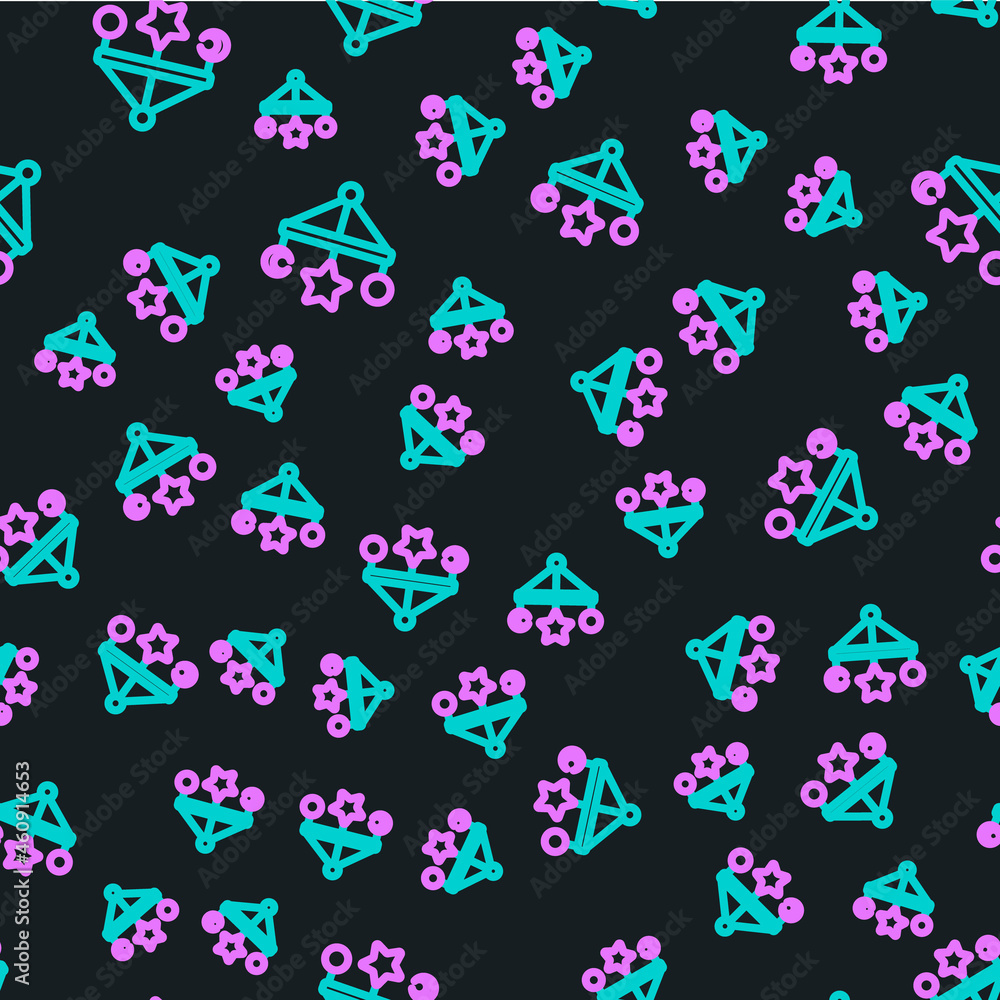 Line Baby crib hanging toys icon isolated seamless pattern on black background. Baby bed carousel. V