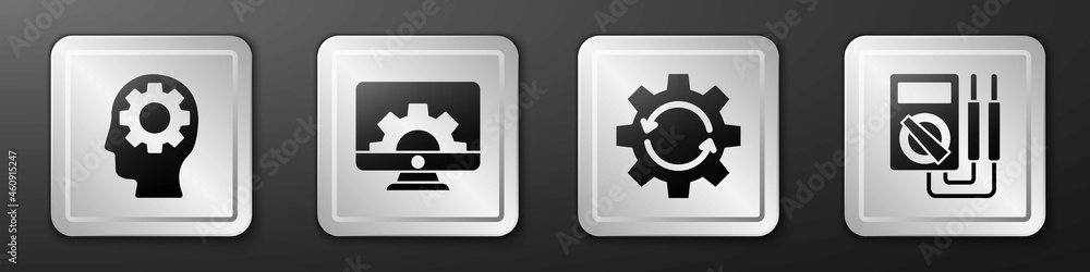 Set Human head with gear inside, Computer monitor and gear, Gear and arrows as workflow and Multimet