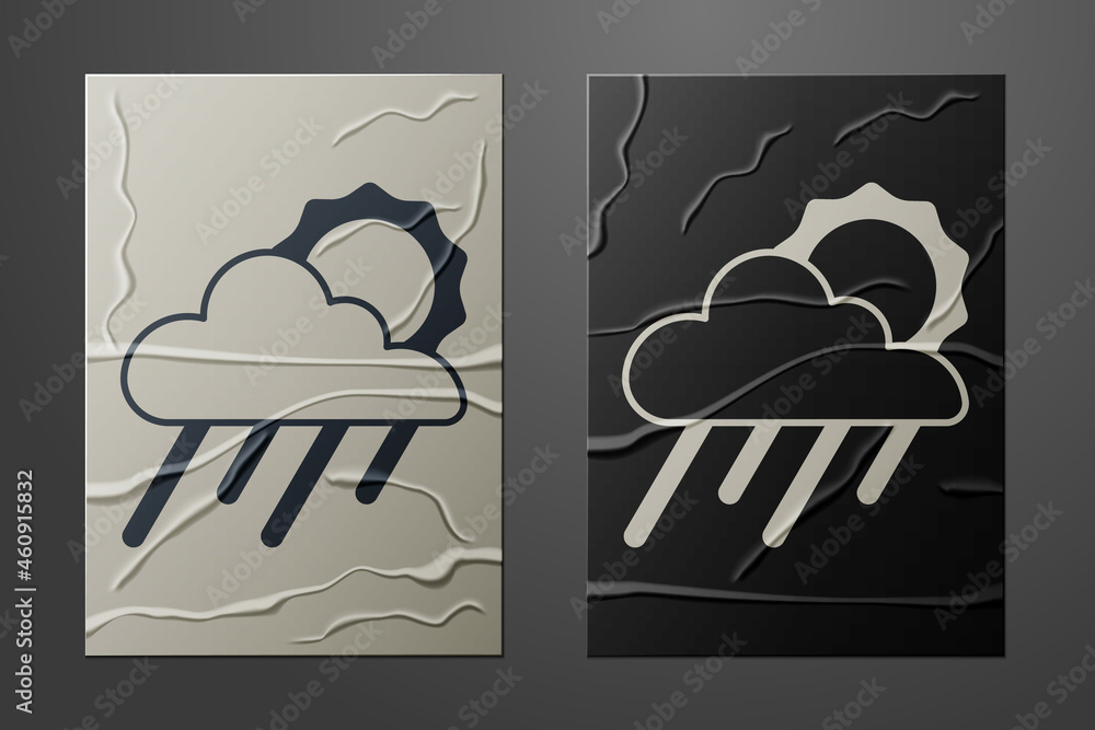 White Cloud with rain and sun icon isolated on crumpled paper background. Rain cloud precipitation w