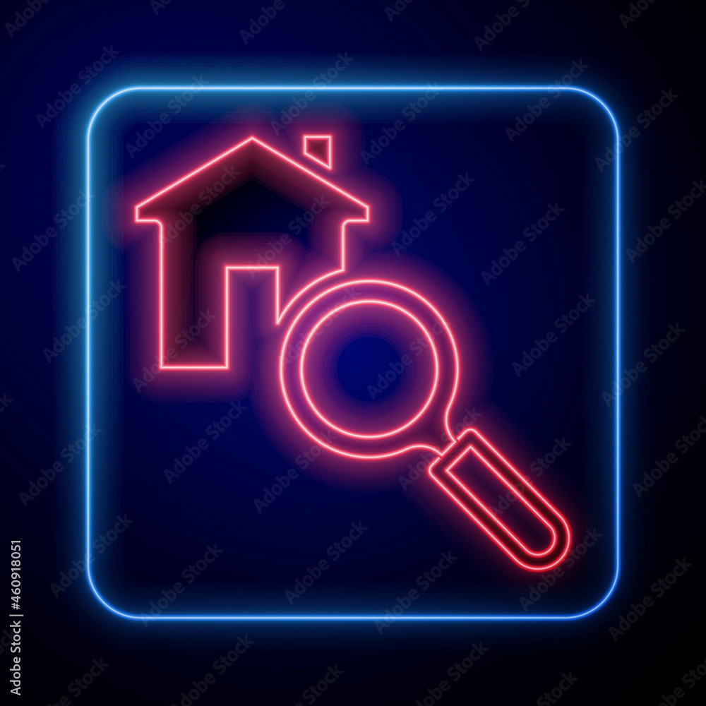 Glowing neon Search house icon isolated on black background. Real estate symbol of a house under mag