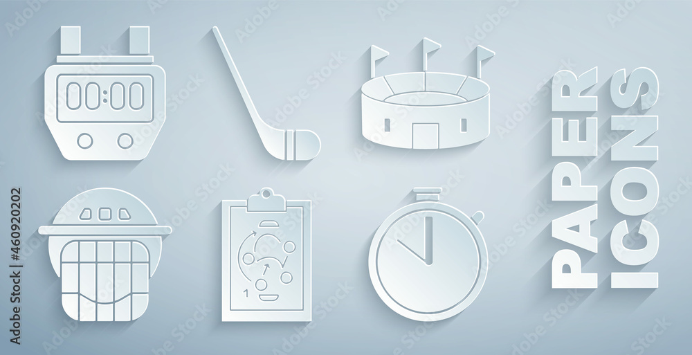 Set Planning strategy, Hockey stadium, helmet, Stopwatch, Ice hockey stick and icon. Vector