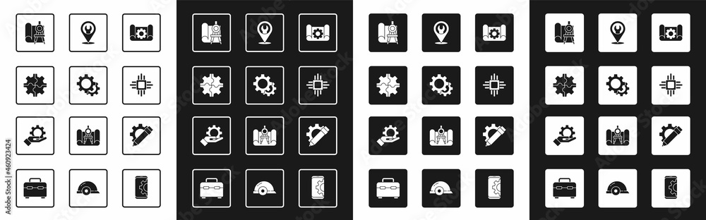 Set Graphing paper and gear, Gear, compass, Processor with microcircuits CPU, Location wrench spanne