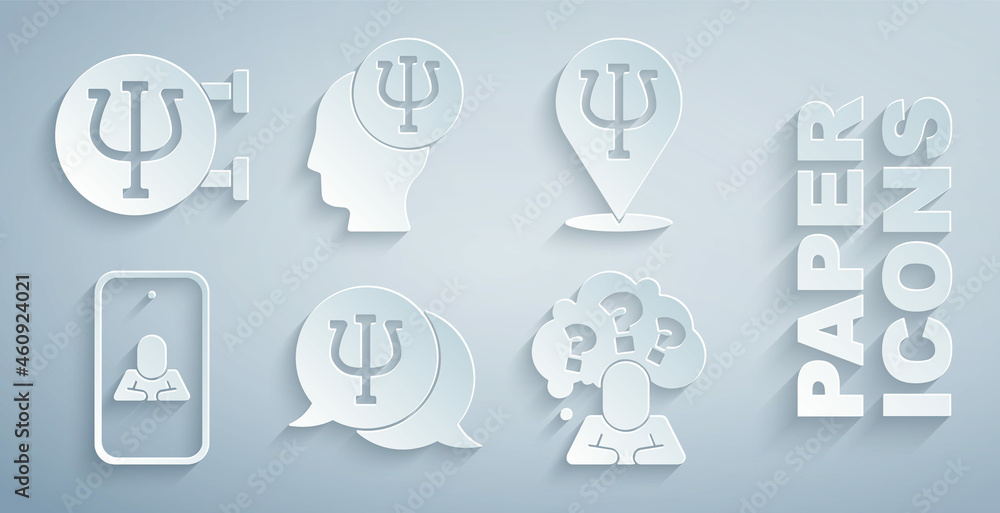 Set Psychology, Psi, Psychologist online, Head with question mark, and icon. Vector