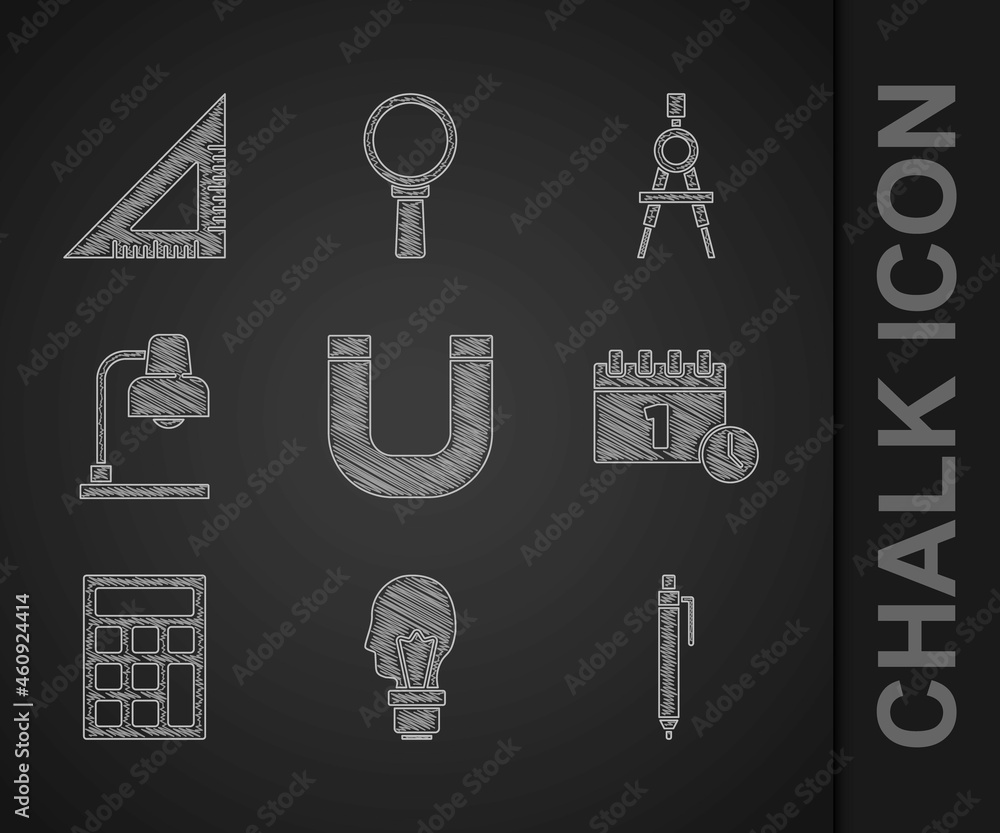 Set Magnet, Light bulb with concept of idea, Pen, Calendar first september date, Calculator, Table l