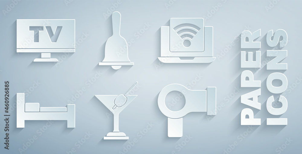 Set Martini glass, Wireless laptop, Hotel room bed, Hair dryer, service bell and Smart Tv icon. Vect