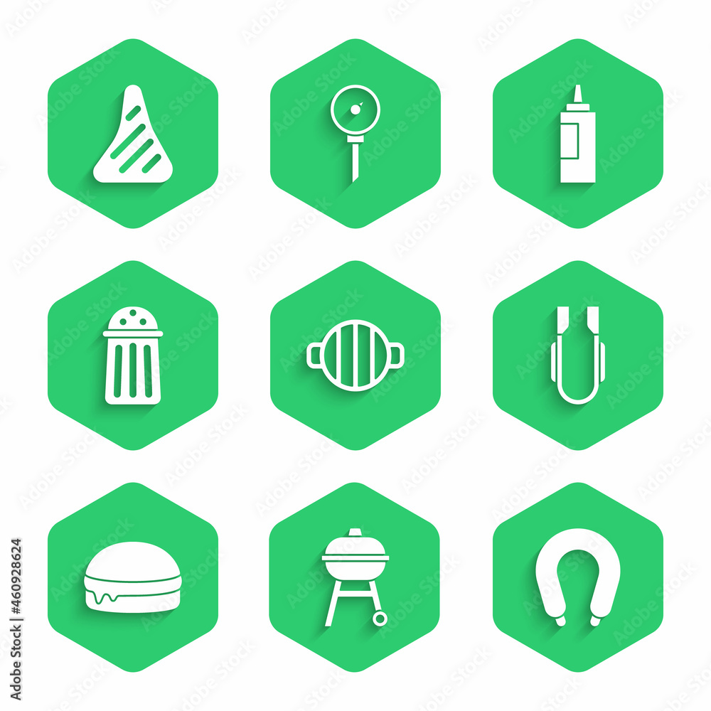 Set Barbecue grill, Sausage, Meat tongs, Burger, Salt, Sauce bottle and Steak meat icon. Vector