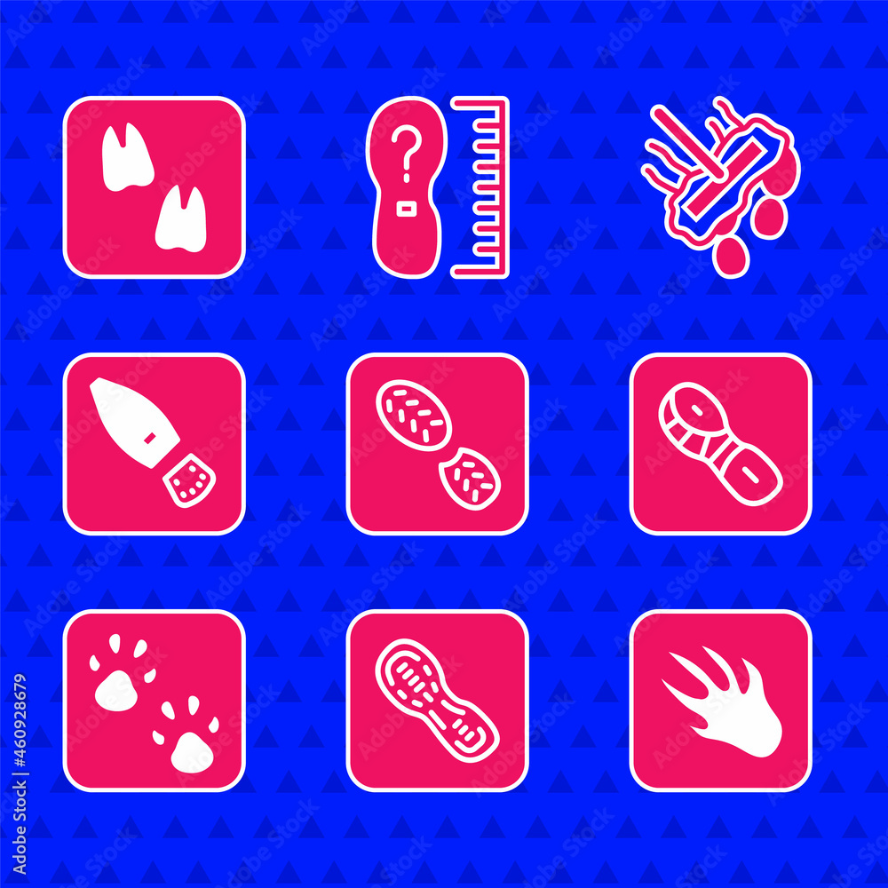 Set Human footprints shoes, Alligator crocodile, Paw, Mop and Camel paw icon. Vector