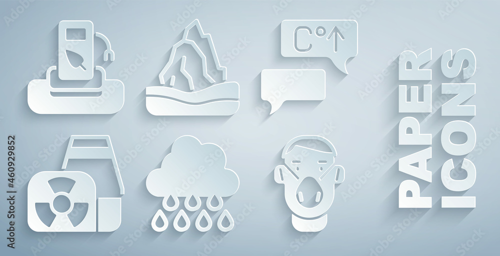 Set Cloud with rain, Global warming, Nuclear power plant, Face protective mask, Iceberg and Petrol o