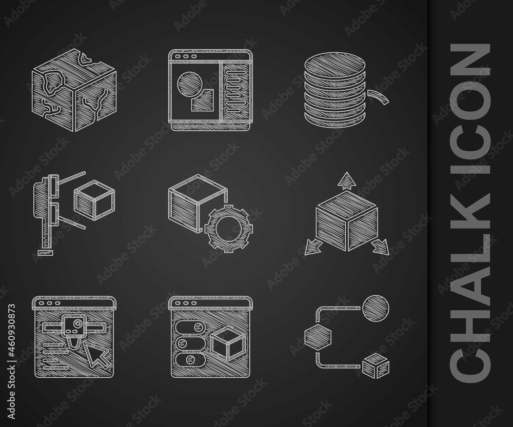 Set Isometric cube, 3D printer, setting, scanner with, Filament for and icon. Vector