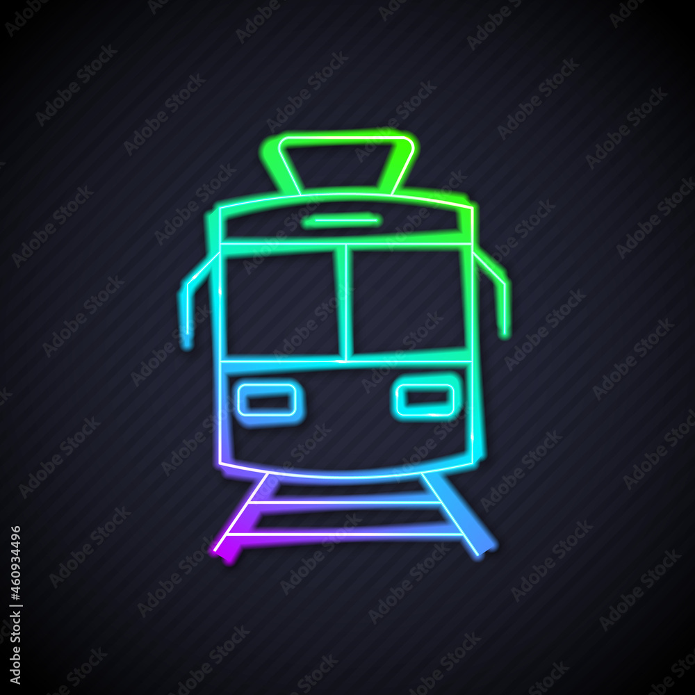 Glowing neon line Tram and railway icon isolated on black background. Public transportation symbol. 