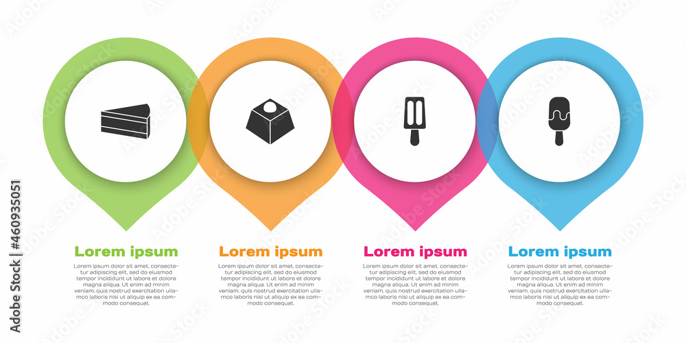 套装蛋糕、布朗尼巧克力、冰淇淋和。商业信息图模板。矢量