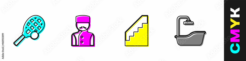 设置带球网球拍、礼宾、楼梯和浴缸图标。矢量