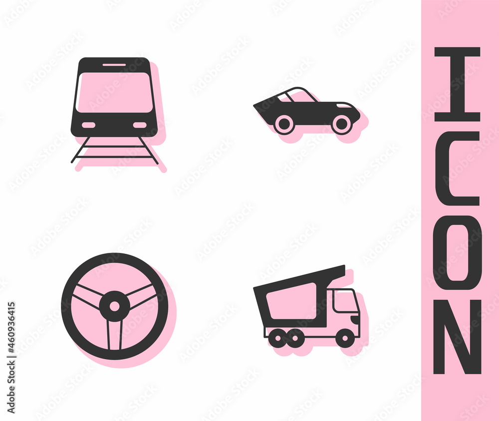 Set Delivery cargo truck, Train and railway, Steering wheel and Car icon. Vector