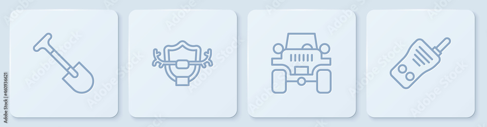 排线铲、越野车、盾牌上的鹿角和对讲机。白色方形按钮。矢量