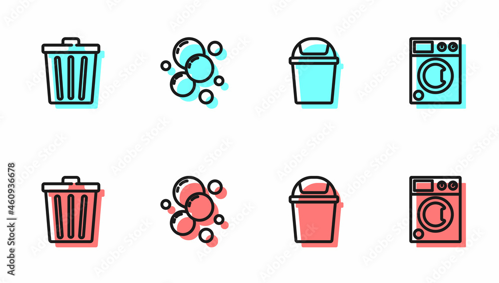 Set line Trash can, , Soap water bubbles and Washer icon. Vector