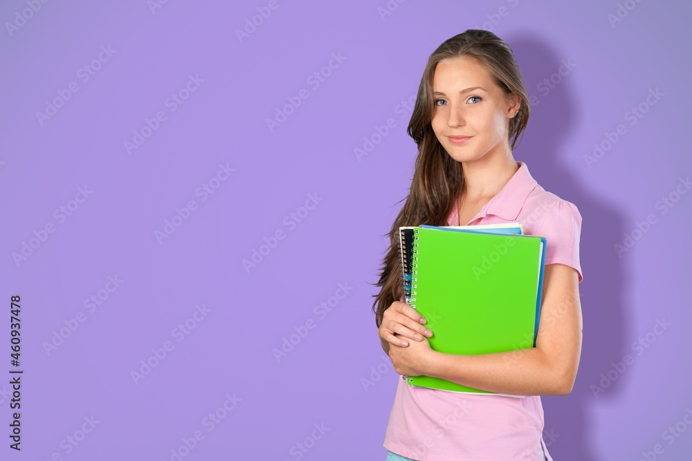 Photo of charming attractive young woman hold textbooks