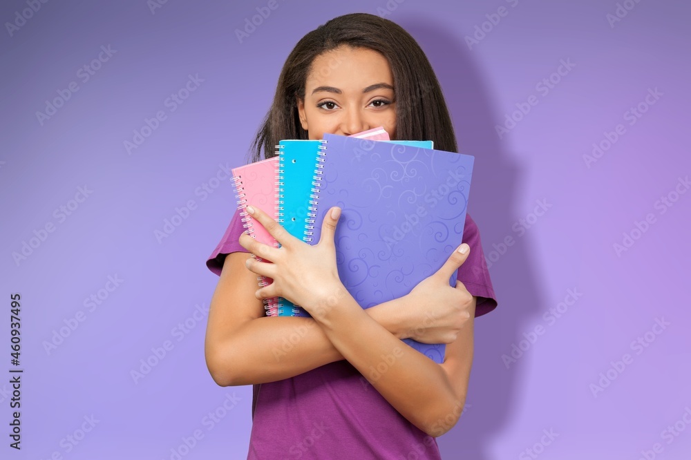 Photo of charming attractive young woman hold textbooks