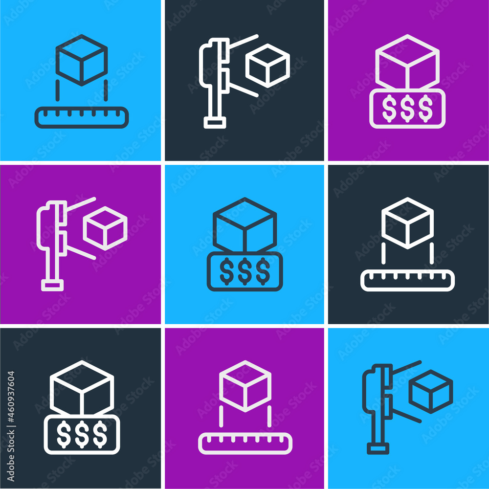 Set line Isometric cube, 3D printer services and scanner with icon. Vector