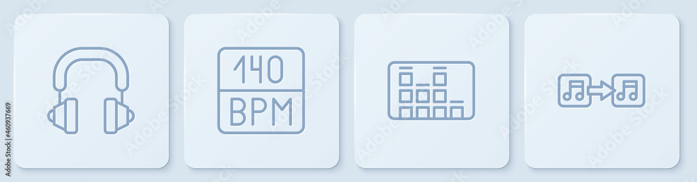 设置线路耳机，音乐均衡器，比特率和音符，音调。白色方形按钮。矢量