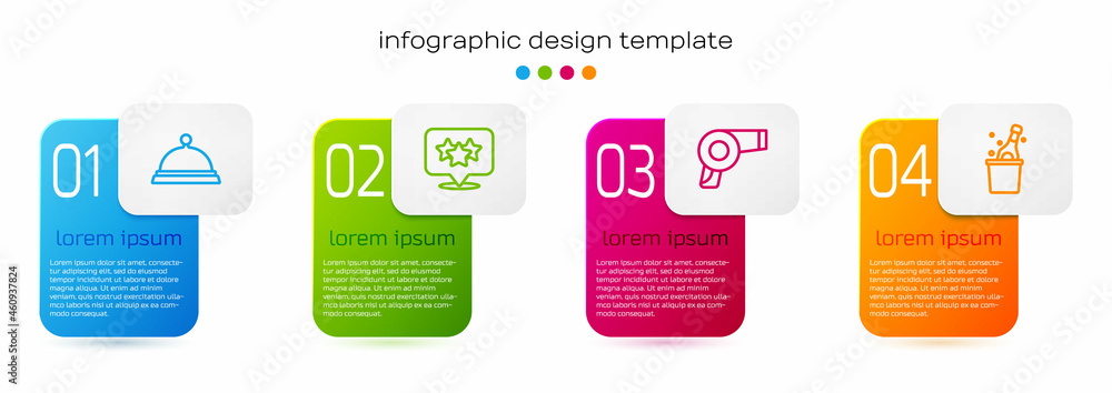 Set line Covered with tray of food, Stars rating, Hair dryer and Bottle champagne. Business infograp