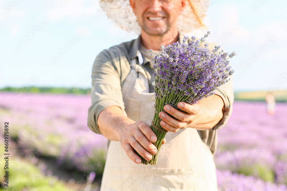 Farmer with beautiful bouquet in lavender field