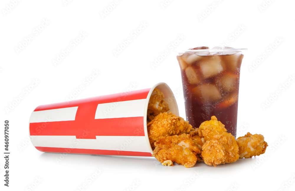 Paper bucket with tasty popcorn chicken and plastic cup of cola on white background