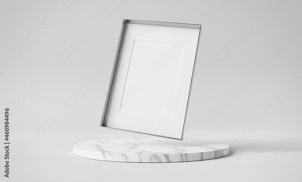 Blank metal photo frame mockup floating over marble podium display. Picture framing on pedestal plat