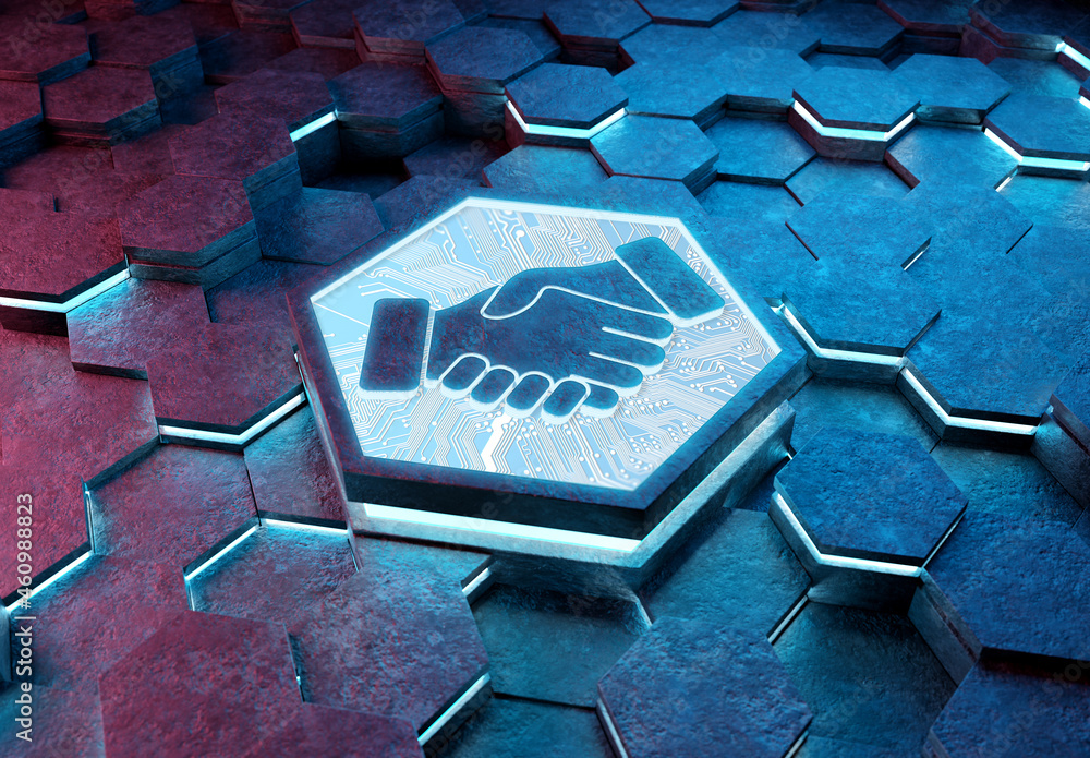 Handshake icon concept engraved on metal hexagonal pedestral background. Partnership logo glowing on