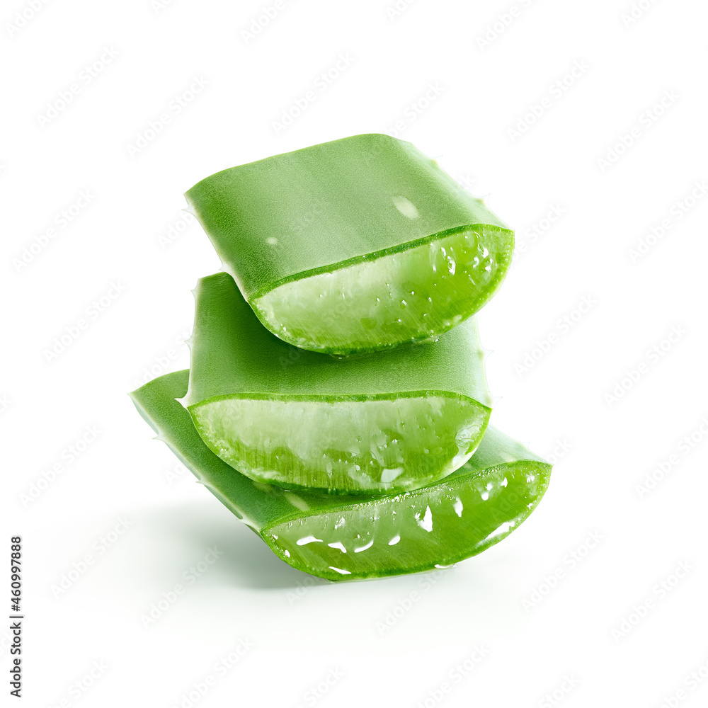 Closeup of aloe vera slices isolated on white background - Clipping path included