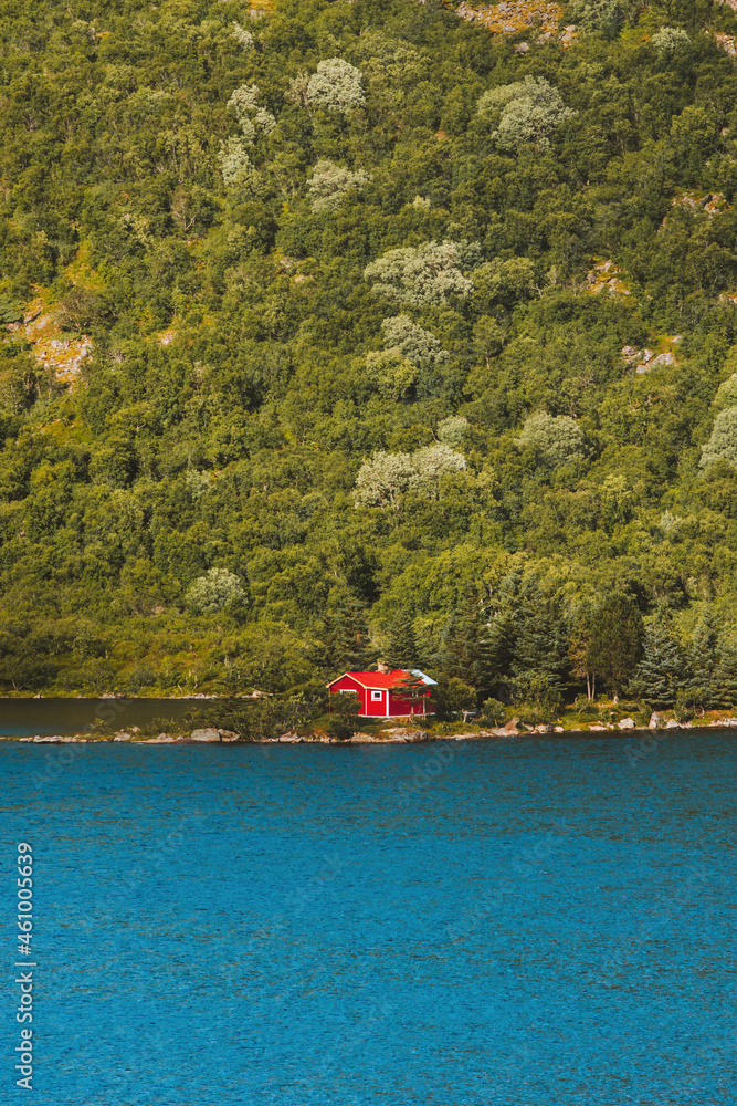 斯堪的纳维亚岛上的红房子建筑挪威的森林和峡湾景观旅游景点