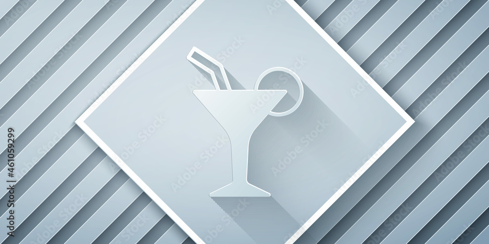 Paper cut Cocktail and alcohol drink icon isolated on grey background. Paper art style. Vector