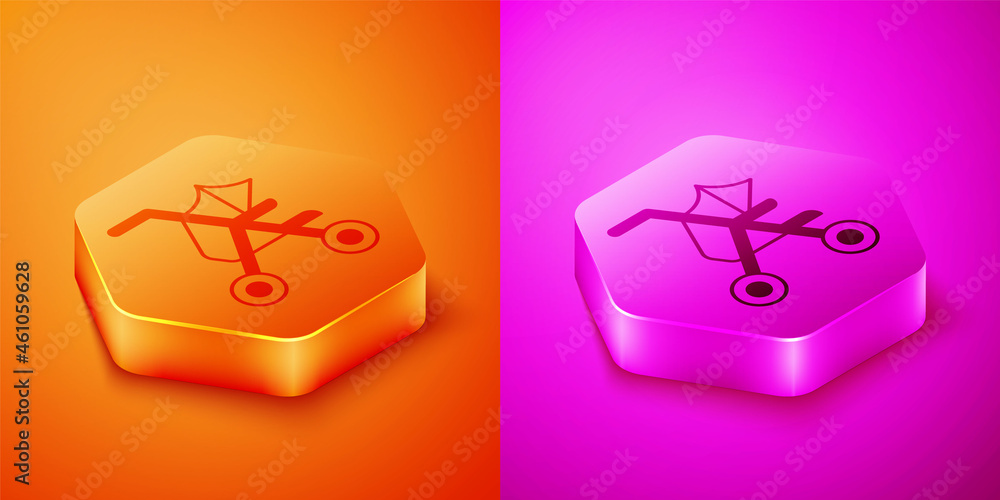 Isometric Baby stroller icon isolated on orange and pink background. Baby carriage, buggy, pram, str