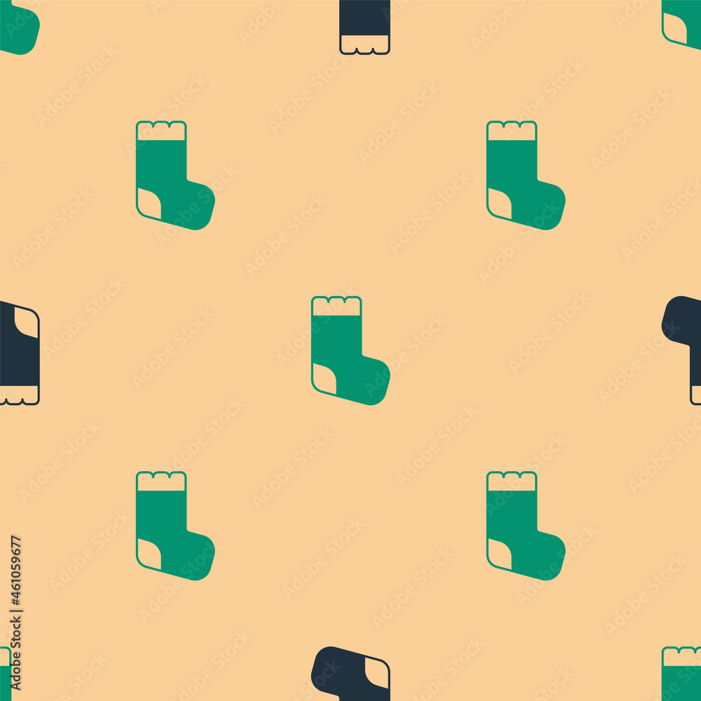 Green and black Baby socks clothes icon isolated seamless pattern on beige background. Vector