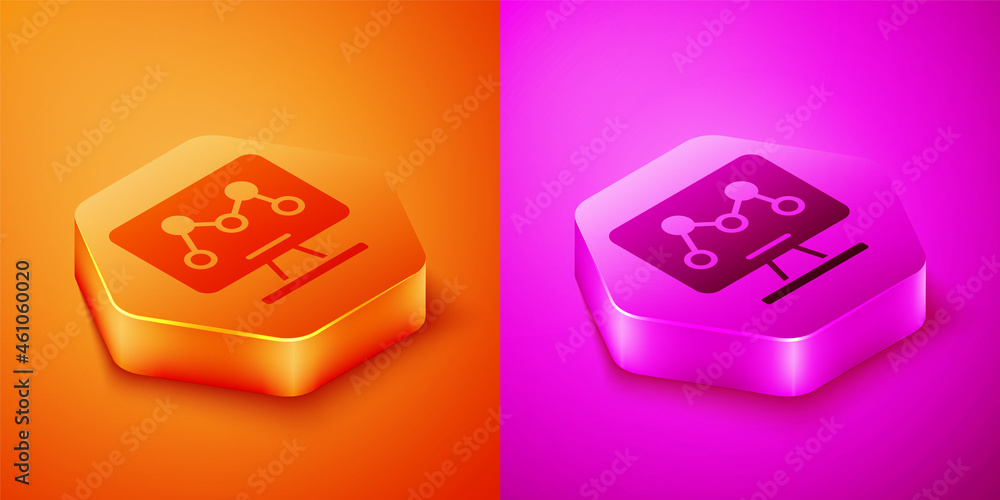 Isometric Genetic engineering modification on laptop icon isolated on orange and pink background. DN