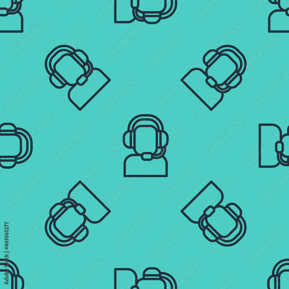 Black line Man with a headset icon isolated seamless pattern on green background. Support operator i