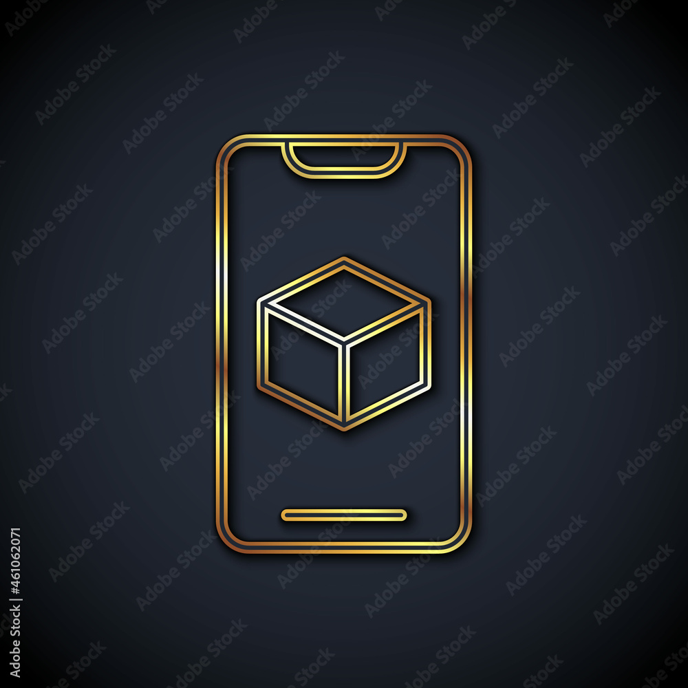 Gold line 3D printer software icon isolated on black background. 3d printing. Vector