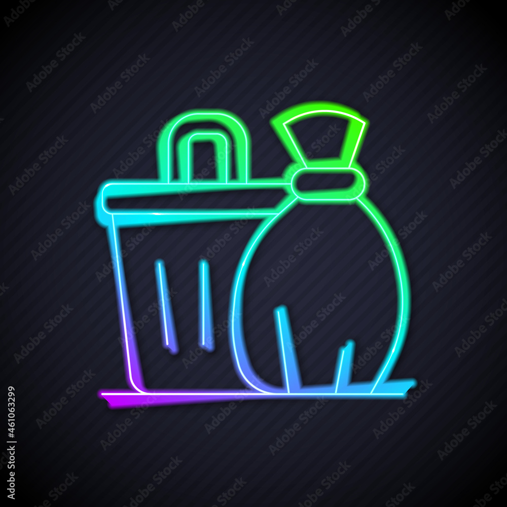 Glowing neon line Trash can icon isolated on black background. Garbage bin sign. Recycle basket icon