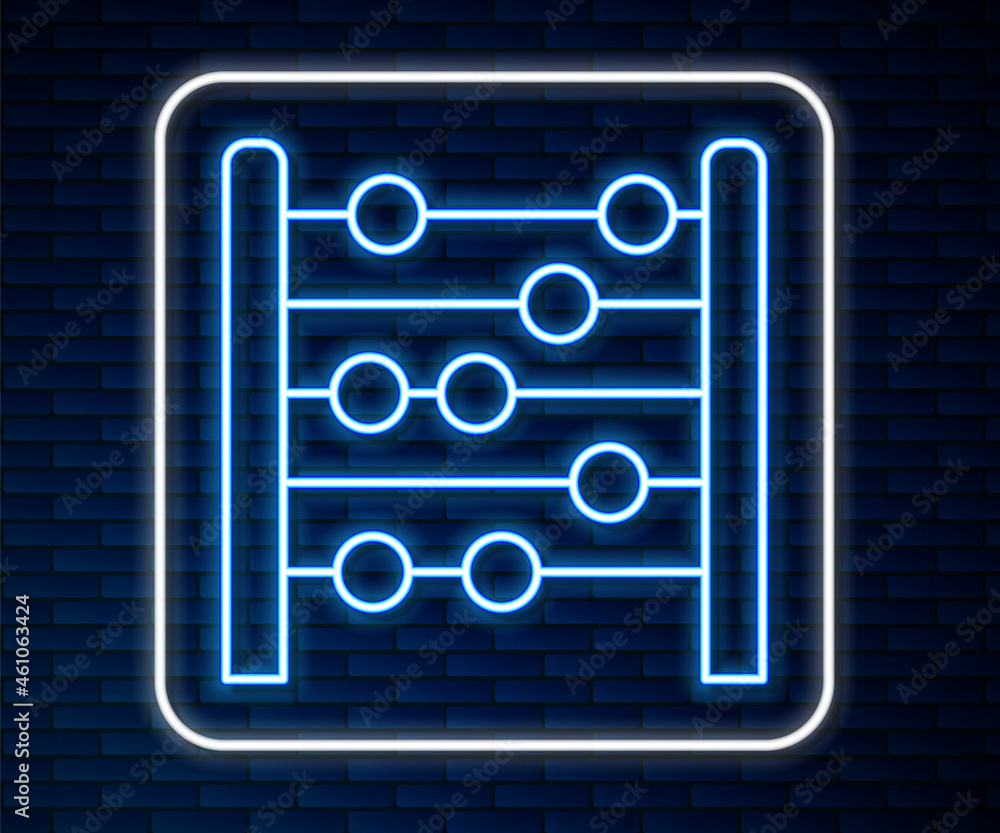 明亮的霓虹线算盘图标隔离在砖墙背景上。传统的计数框架。Educati