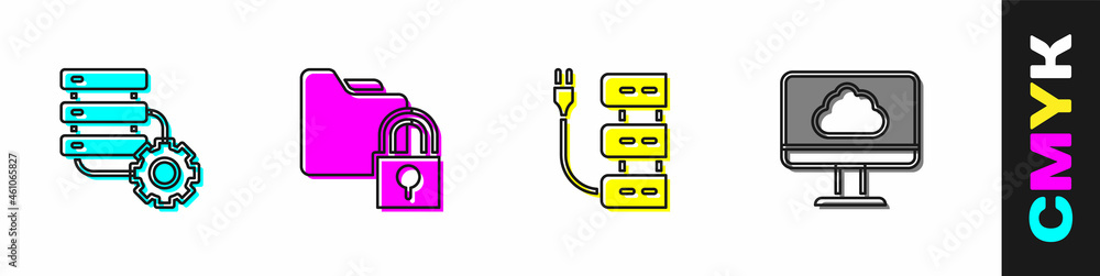 设置服务器和设备、文件夹锁定和云技术数据传输图标.Vvector