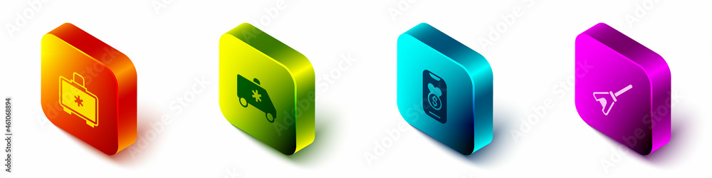 Set Isometric First aid kit, Emergency car, Donation and charity and Mop icon. Vector