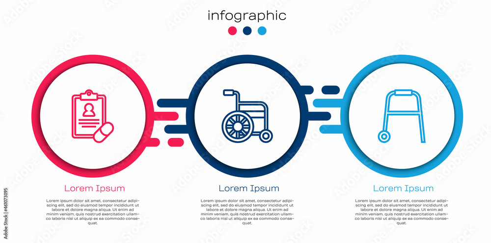 设定线医疗处方，轮椅和学步车。商业信息图模板。矢量