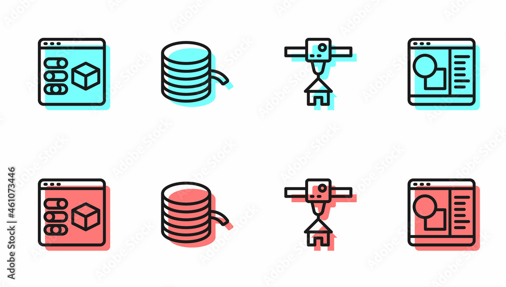 Set line 3D printer house, , Filament for and software icon. Vector