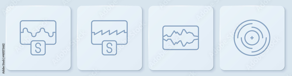 Set line Music wave equalizer, , and Vinyl disk. White square button. Vector