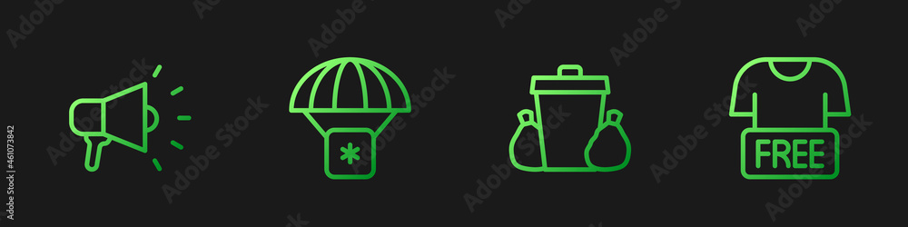 Set line Trash can, Megaphone, Humanitarian aid and Clothes donation. Gradient color icons. Vector