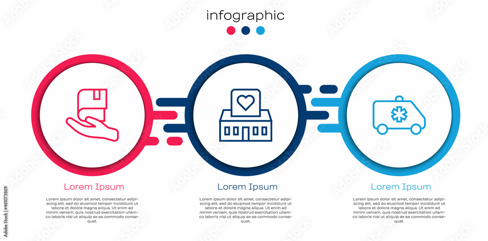 设置线路图书捐赠、志愿者中心和急救车。商业信息图模板。矢量
